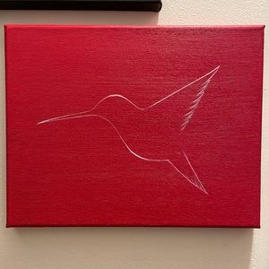 Wall art white acrylic ruby-throated hummingbird painted on red canvas